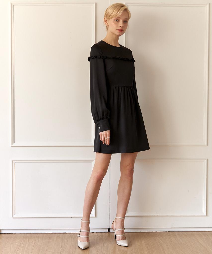 Dear Ryu Satin Frill Dress #Black