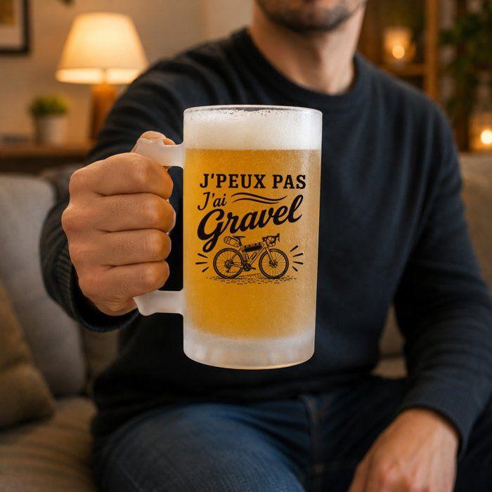 Chope à bière - PLANETEE - J’peux pas j’ai Gravel - Verre trempé givré 470 ml - Anse - Imprimée en Bretagne
