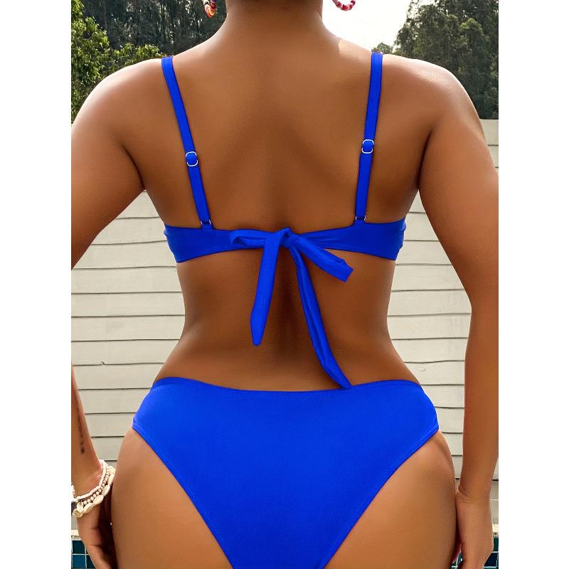 Women's Solid Backless Tie Side Bikini Swimsuit Set, Sexy V Neck Two Piece Swimwear KTY