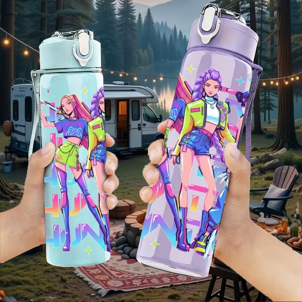 1PC Neon Fashion Teen Girl Art 750ml Color Plastic Sports Water Bottle Leakproof Flip Straw Lid Suitable for Sports Office Home Use