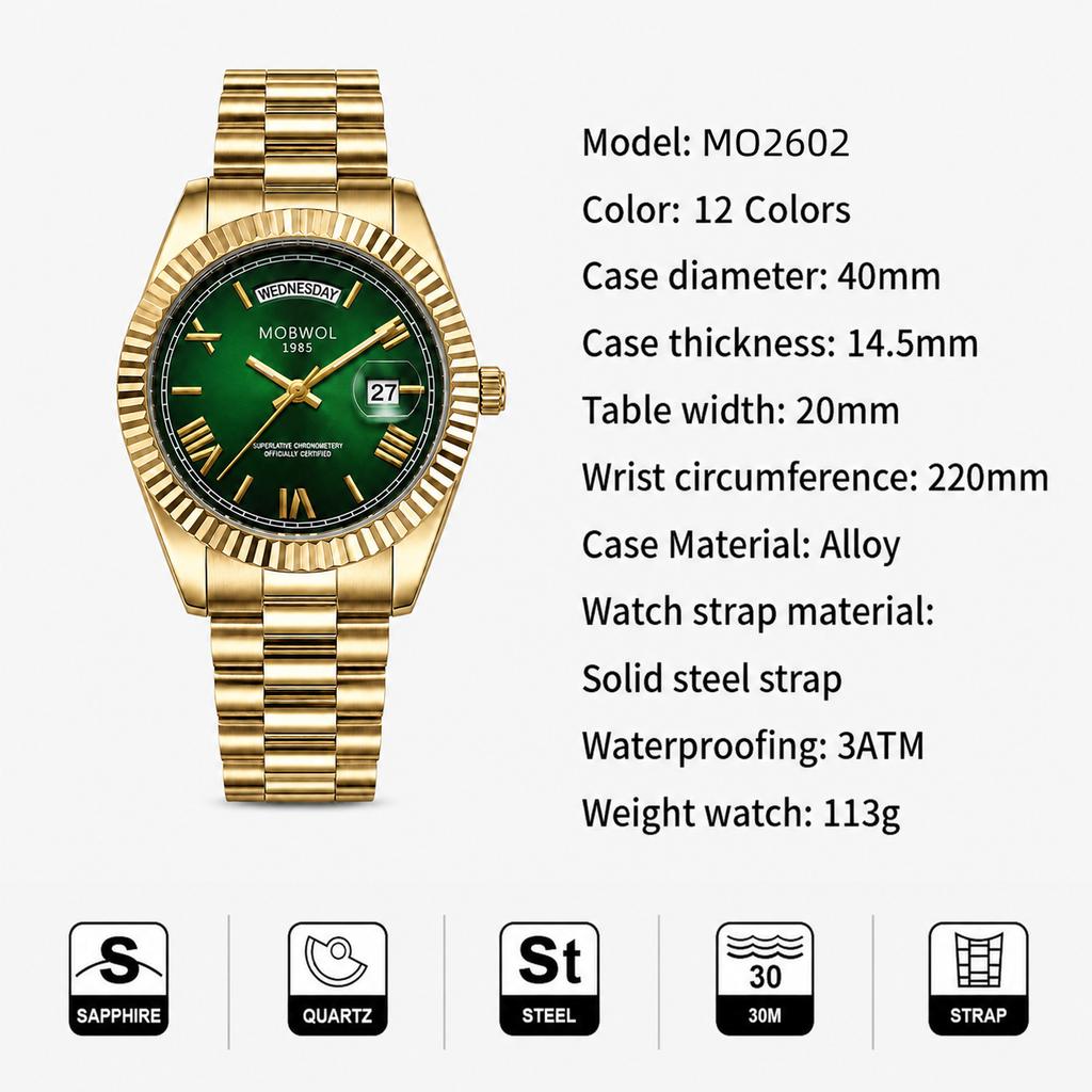 MOBWOL Stainless Steel Quartz Watches For Men Luxury Date Display Luminous Fashion Men's Watch Relogios Masculino