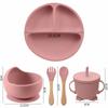 5PC Solid Baby Silicone Tableware Set with Divided Baby Plates Feeding Bowls Straw Cup and Spoon for Toddler Training BPA Free