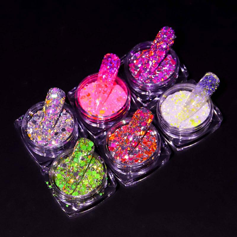 6 цветов, светоотражающие блестки для ногтей, двойной эффект, вспышка, блестящая пудра, блестки, супер блестящие украшения для дизайна ногтей