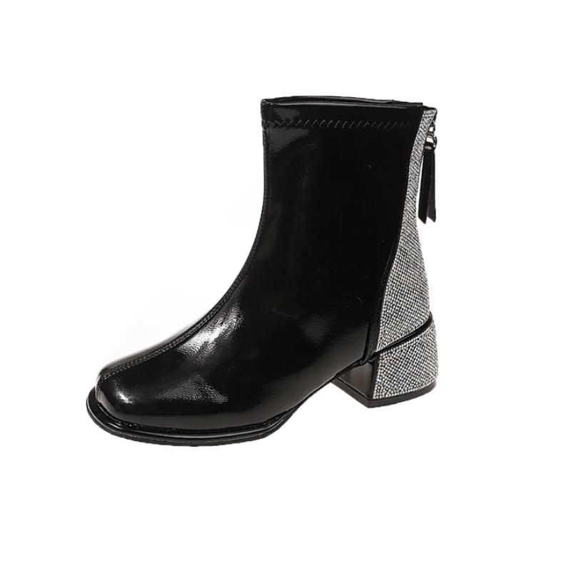 Короткие ботинки 2024 года, новые роскошные женские ботильоны со стразами и низким каблуком, ботильоны из искусственной кожи высокого качества, весна-осень, Botas Mujer