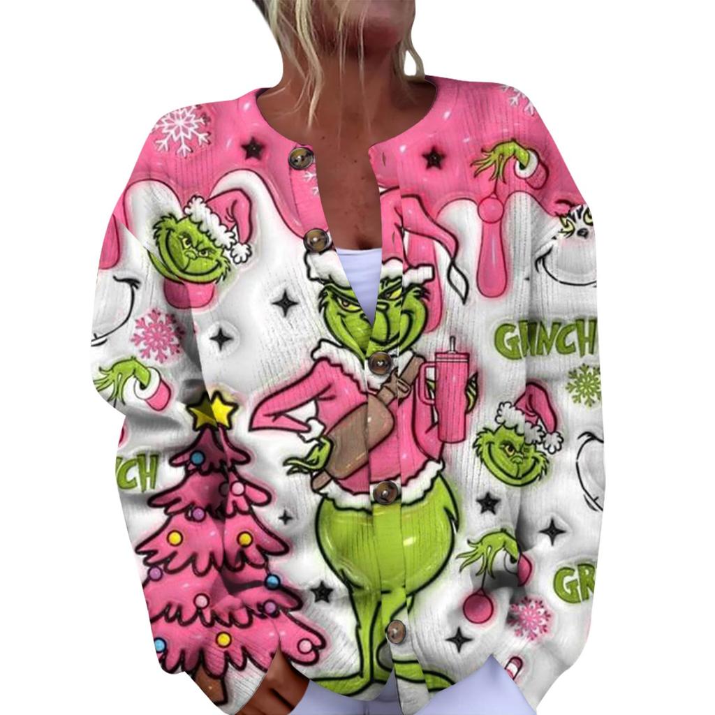 Women's Fashion Christmas Printed Long Sleeve Knitted Cardigan Button Down Jacket