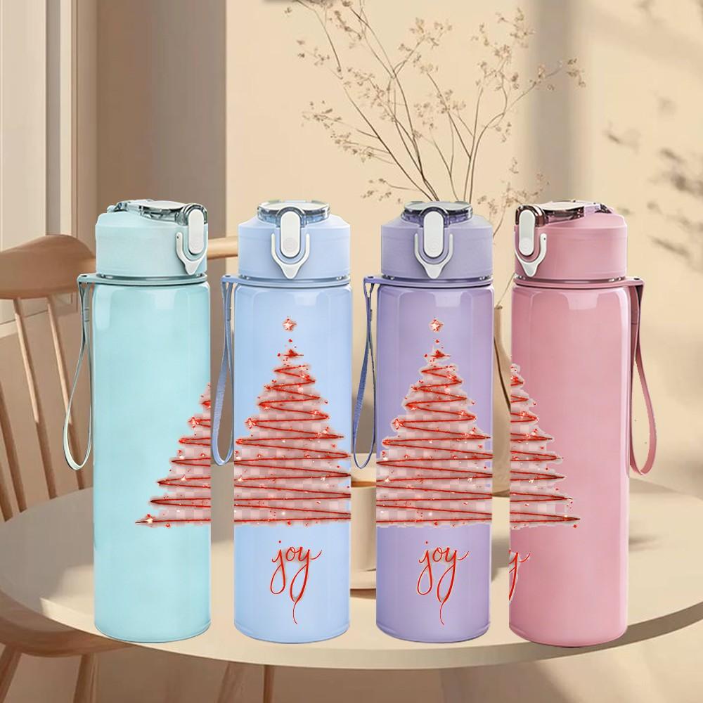 1PC Thin Line Red Christmas Tree Print 750ml Color Plastic Sports Water Bottle Leakproof Flip Straw Lid Suitable for Sports Office Home Use