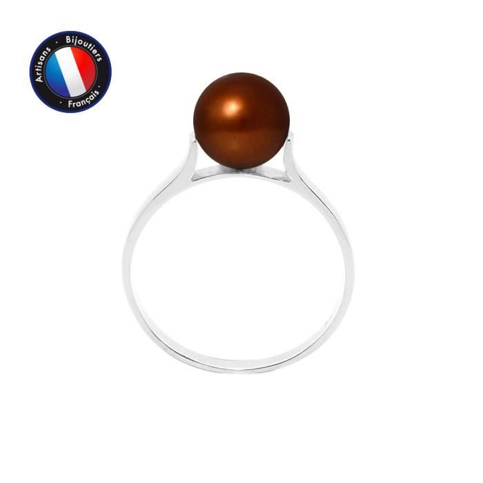 Bague - PERLINEA - Véritable Perle de Culture 7-8 mm - Chocolat - Or Blanc - Bijou Femme