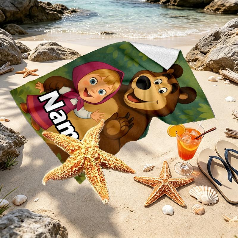Custom Name Personalized Masha and The Bear Print Beach Towel, for Trip Camping Beach Party Home Decor, Birthday Gift for Family & Friends