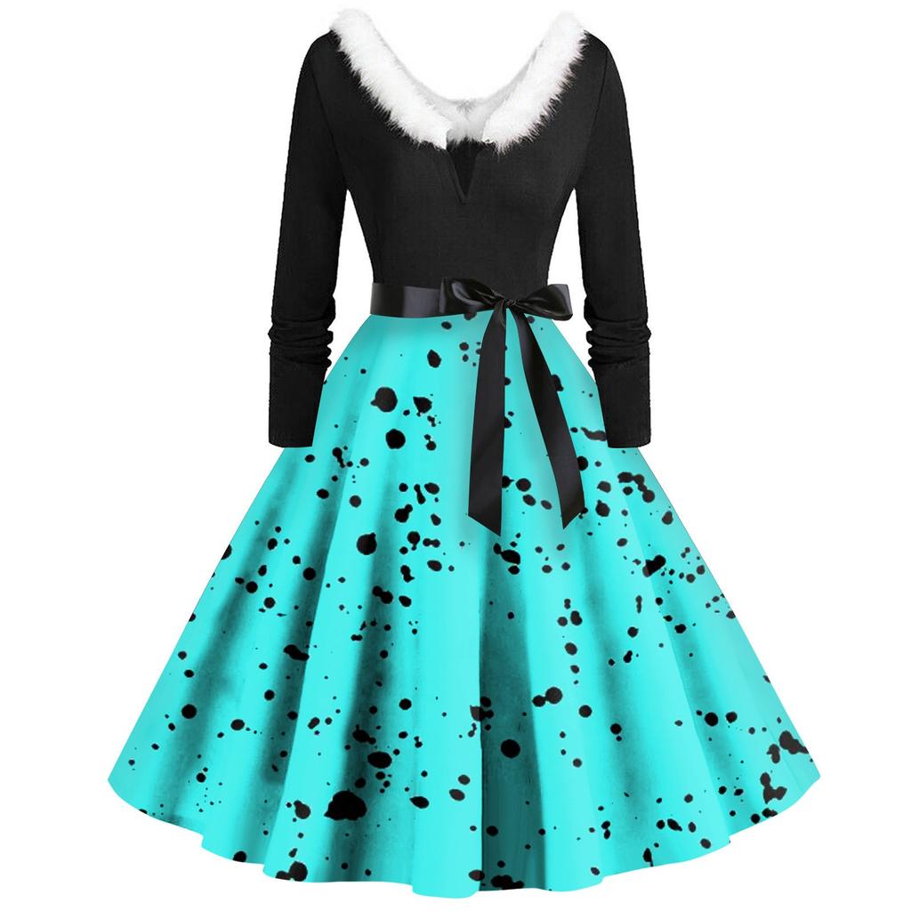 Женское повседневное и модное платье с длинными рукавами, V-образным вырезом и принтом в горошек, застегивающееся на молнию