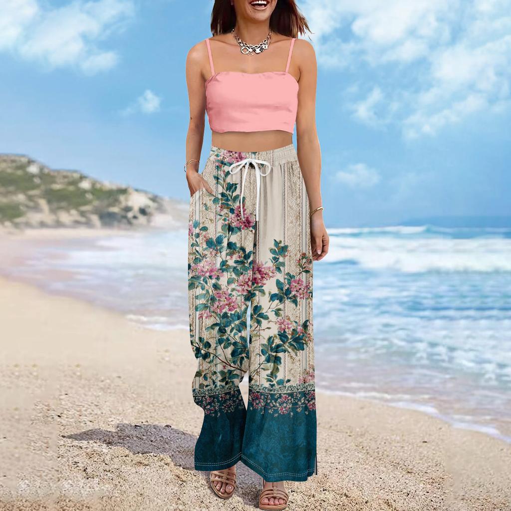 Женские летние брюки-палаццо в стиле бохо с высокой талией, широкие повседневные брюки с цветочным принтом и карманами