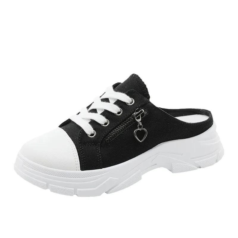 Модные парусиновые полутапочки, женская обувь 2024 года, весенняя дышащая обувь с толстой подошвой, увеличивающая рост, повседневная обувь, модные нескользящие тапочки