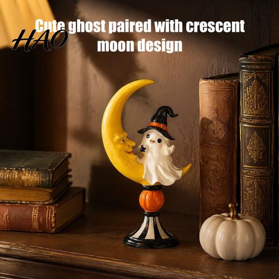 Funny Crescent Moon Figurines Halloween Ghost And Resin Ornaments, Cute Spooky Tabletop Figurine, Gift for Friends Statue with Pumpkin Elements