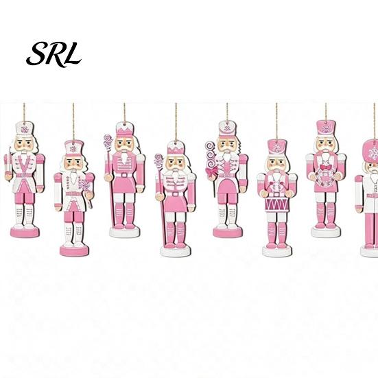 Vintage Style Holiday Hanging Charms Pink Wooden Nutcracker Ornaments for Christmas Tree Decorations, Soldier Pastel Decorations Home Pendants