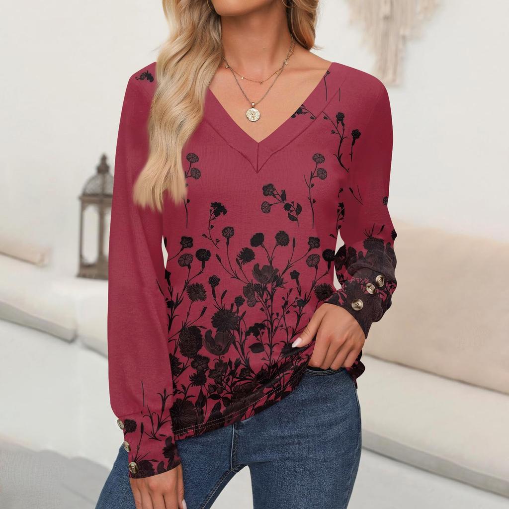 Женские топы с цветочным принтом, рубашка с длинным рукавом и V-образным вырезом, повседневная свободная футболка, осенняя одежда
