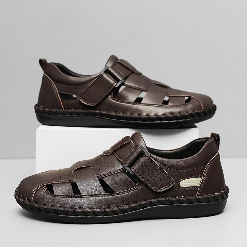 Модные летние сандалии ручной работы из натуральной кожи, мужская повседневная обувь, уличные нескользящие сандалии, полая мужская пляжная обувь, римские сандалии