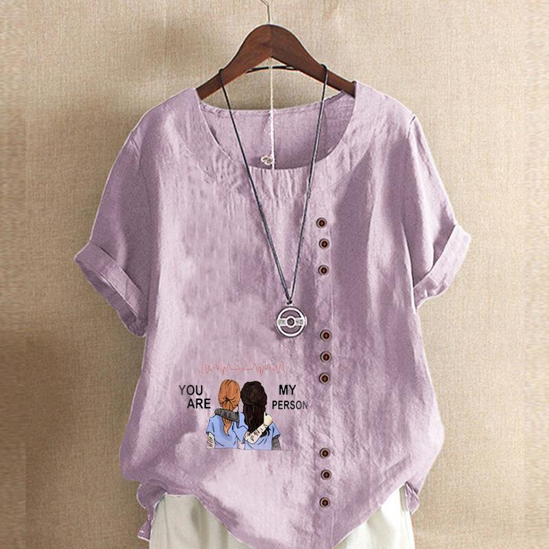 Women's Fashion Round Neck Short Sleeve T-shirt Casual Cotton Linen Graphic Shirt Leisure Loose Good Sisters Prined Summer Blouse Tops