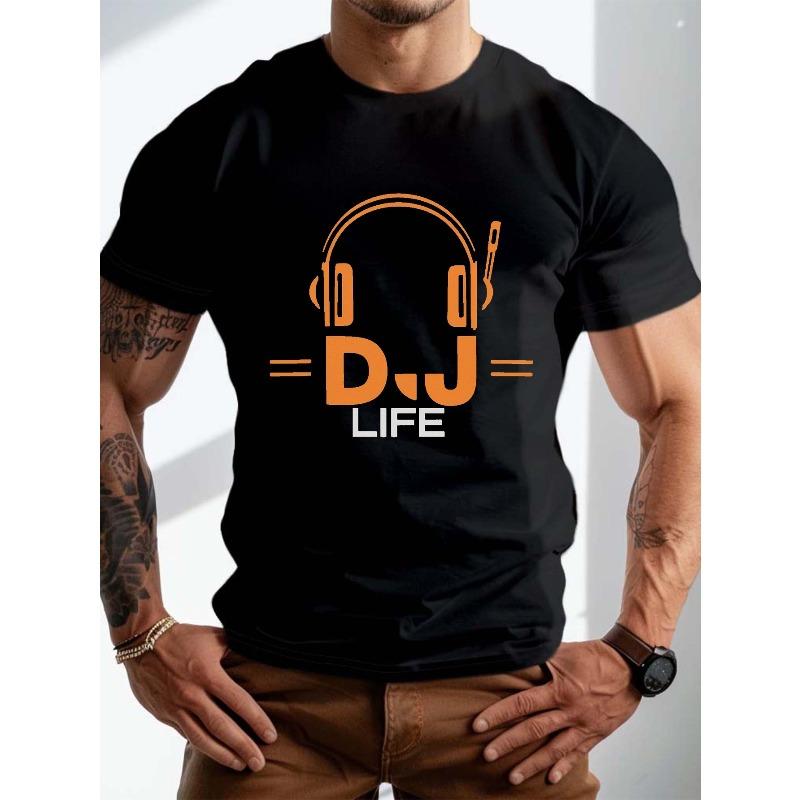 Европейский размер Плюс размер Круглый вырез Наушники DJ LIFE Принт с рисунком Короткий рукав Мужская футболка, Летняя Повседневная Свободная Спортивная, Дышащая Удобная Мужская футболка