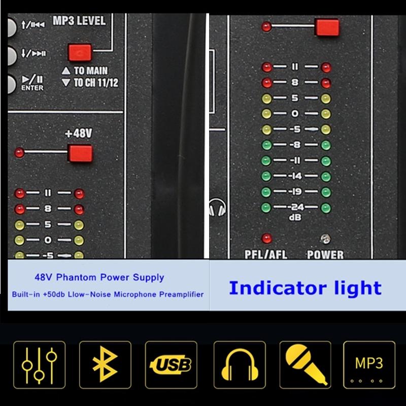12-канальная микшерная консоль стереозвука, Bluetooth, USB-запись, компьютерное воспроизведение, фантомное питание, USB-цифровой аудиомикшер-усилитель