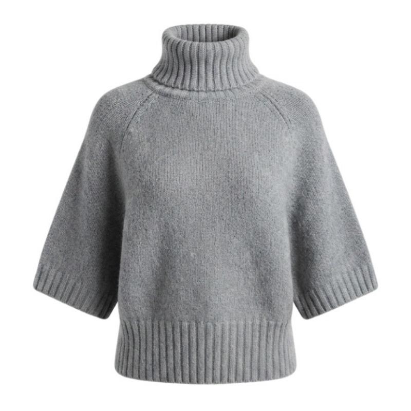 Women S Solid Gray Batwing Sleeve Turtleneck Fitted Pullover Knit Sweater