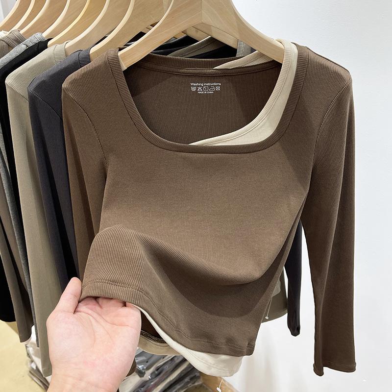 Футболка Niche Western контрастного цвета из двух частей с квадратным вырезом и длинными рукавами, короткая футболка для женщин в европейском стиле на осень и зиму