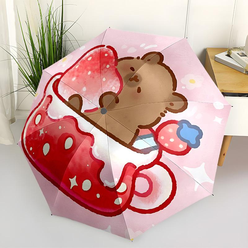 1pc Strawberry Tea Cup Capybara Automatic Open/Close Umbrella, Folding Compact Umbrella with Lightweight Design for Women/Men yy251011066