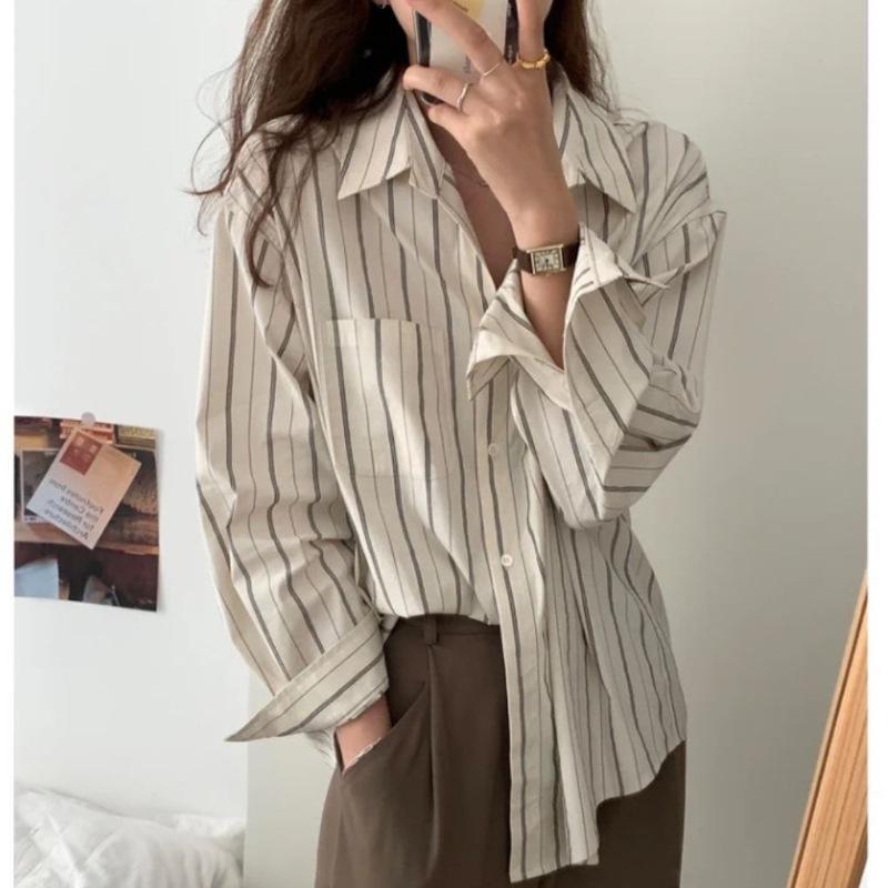 Spring Women's Long-sleeved Chic Design Sense Niche Blouse Vertical Striped White Apricot Shirt Shirt Women