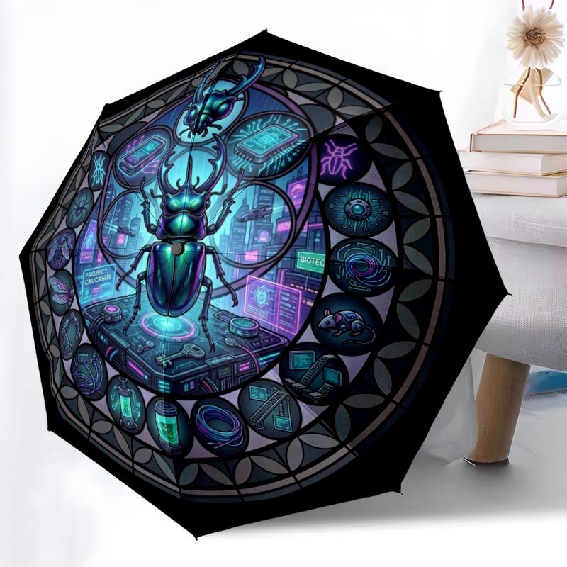 Cybernetic Beetle Project pattern umbrella, portable and foldable design, 8 ribs, a casual accessory for Halloween, Christmas, and birthday gifts.