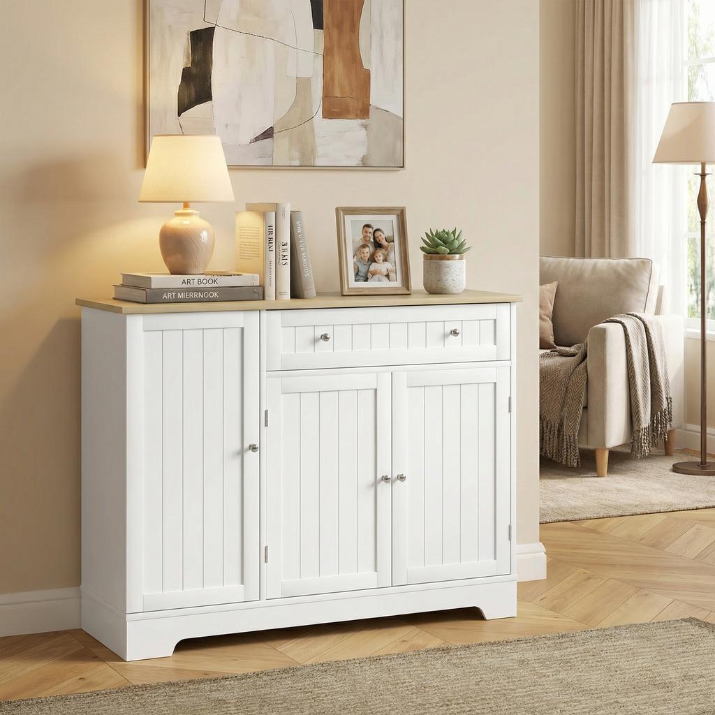 Buffet Cuisine Storage Cabinet With 3 Doors Drawer Door Shelves And Adjustable Shelf 105x40x83cm White