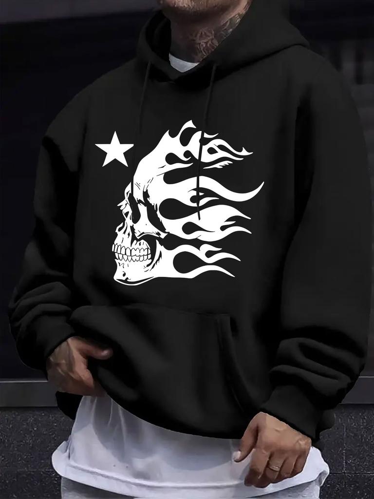 American European Style unisex Fall Winter Print Hoodie Long Sleeve Sweatshirt, Flame Skull Star Print Hooded Sweatshirt, Dark Street Style, Hardcore