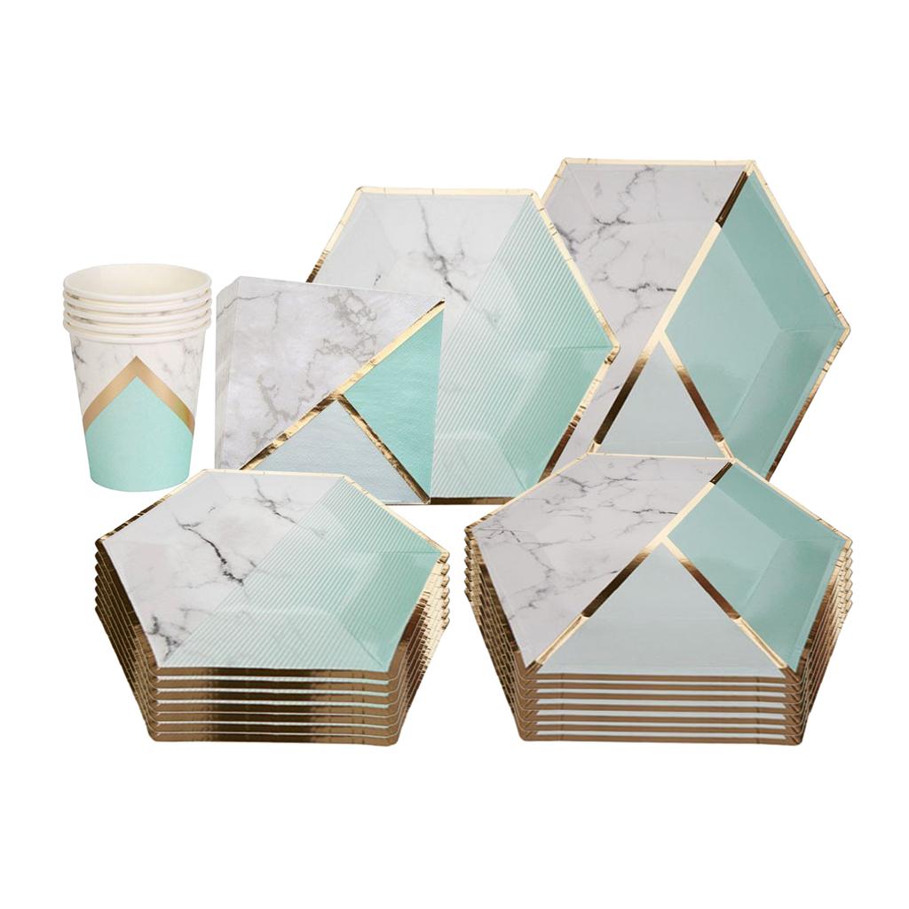 Набор одноразовой посуды на 8 гостей. Одноразовая бумажная посуда с мраморным узором. Шестиугольные тарелки.