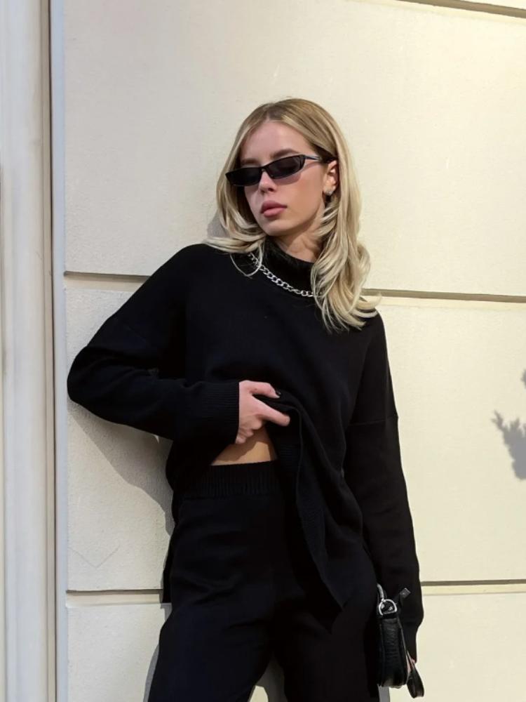 Элегантный однотонный свитер с воротником, женский свободный вязаный пуловер с длинными рукавами, новый осенне-зимний повседневный женский толстый теплый топ