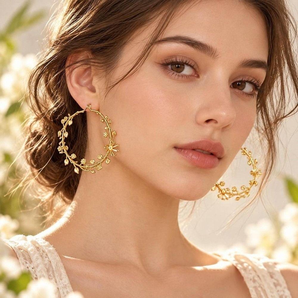 1 Pair Gold Plated Rose Flower Hoop Earring Metal Stud Hoop Earring Women's Fashion Accessory
