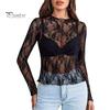Женские топы с воротником-стойкой, длинными рукавами, облегающие блузки, сексуальные прозрачные сетчатые рубашки с цветочной вышивкой