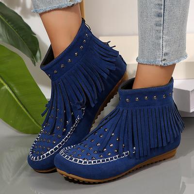 Ботильоны в стиле бохо с кисточками, женские, винтажные, с заклепками, плоские, вестерн-сапоги, женские, больших размеров, осень-зима, короткие, Mujer