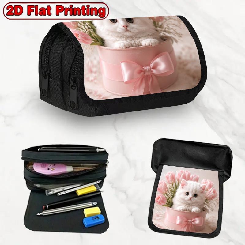 2D Flat Printing 1pc White Cat Design Double Layer Flip Pencil Case - Large Capacity Zipper Closure, Suitable for Schools, Offices, And Travel, Ideal