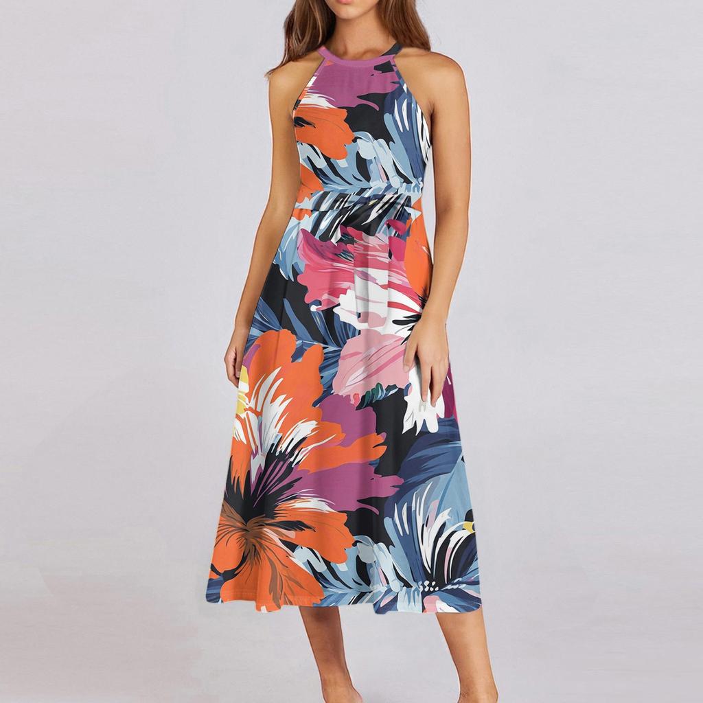 Женское повседневное платье миди с круглым вырезом, классическое, повседневное, без рукавов, свободное платье в стиле бохо с завязками, летний пляжный сарафан