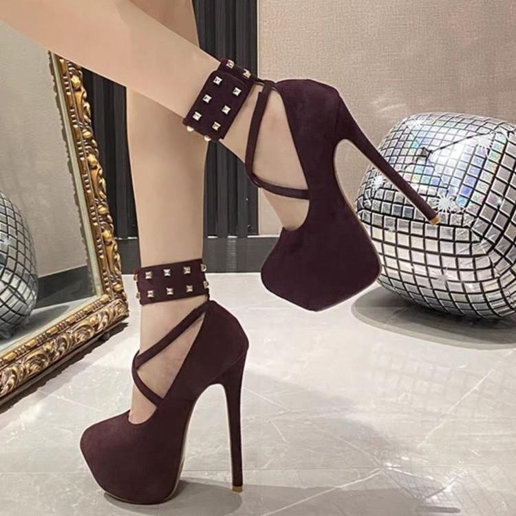 Женские туфли на высоком каблуке, модные, с полым верхом, тонкие, весенние, новые, с заклепками, с круглым носком, сексуальные, с мелким вырезом, одинарные