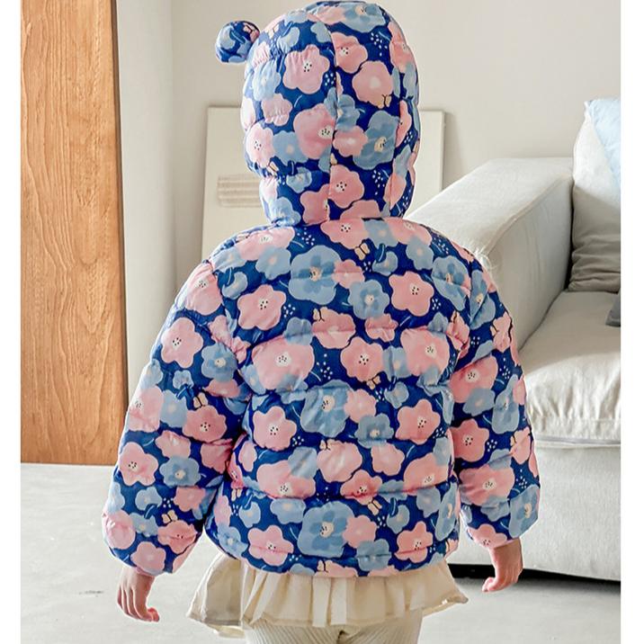 Осень милые пальто с цветочным принтом теплая детская одежда на хлопковой подкладке модный стиль синий зимний укороченный пуховик для маленькой девочки