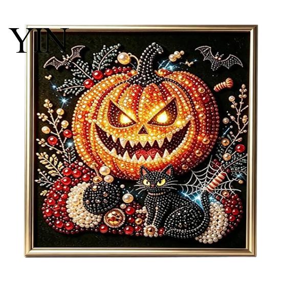 Gothic Style Wall Decor Faux Pearl Art Kit, 3D Dark Evil Pumpkin Painting Creative Holiday Presents for Craft Lovers Spooky Castle Halloween