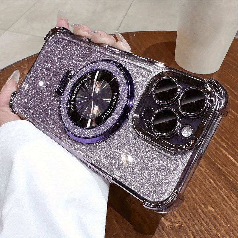 Luxury Plating Magnetic Holder Glitter Case for iPhone 17 Air 16 15 14 13 12 11 Pro Max Plus Wireless Charging Clear Cover