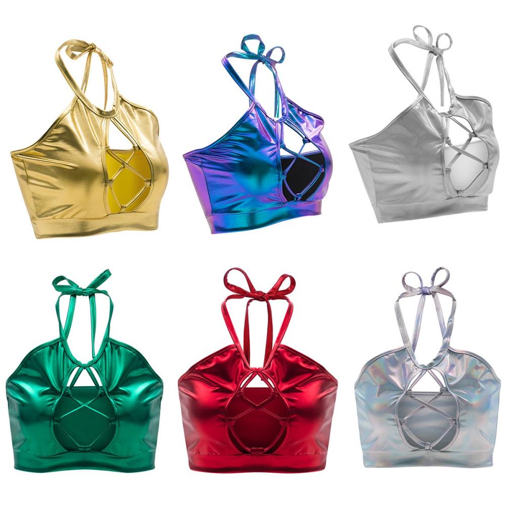 Women's Metallic Design Sexy Slim Halter Camisole Illusory Color Glossy Sparkly Chest Hollow Backless Lace Up Cropped Top