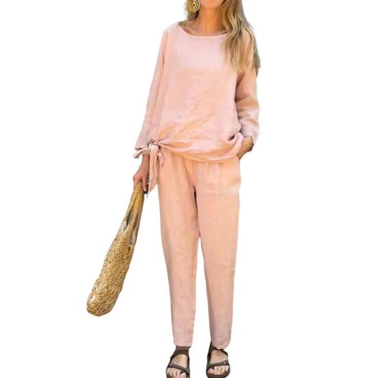 2 шт./компл. Женский костюм топ и брюки однотонный с длинными рукавами и круглым вырезом