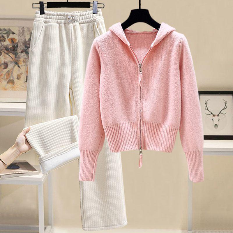 Сладкий осенне-зимний женский вязаный костюм с капюшоном на двойной молнии