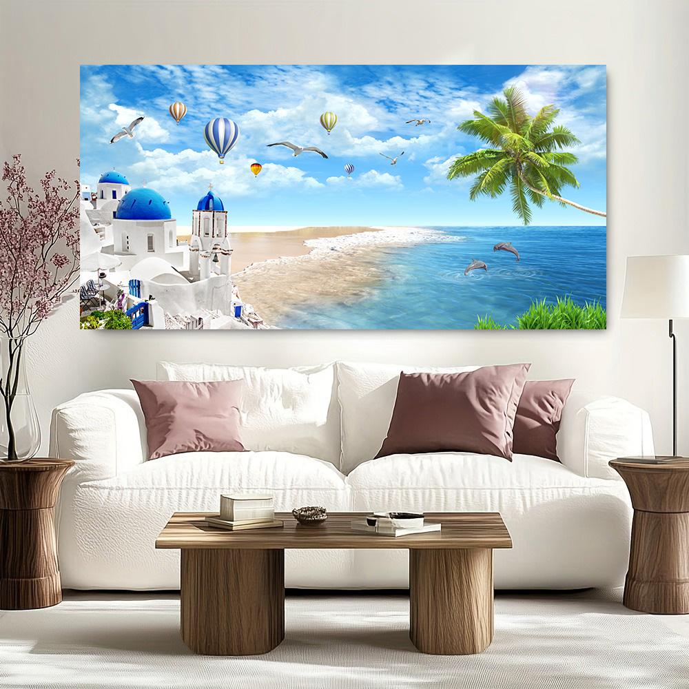 Nordic Blue Seascape Santorini Canvas Painting Wall Art Landscape of Blue Sea and Sky Posters and Prints for Living Room Home