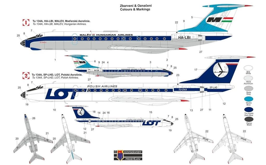 KP Model 1/144 Tu-134A Passenger Plane LOT Polish Airlines/Malev Hungarian Airlines Plastic Model Kit KPM14411 (Airplane)