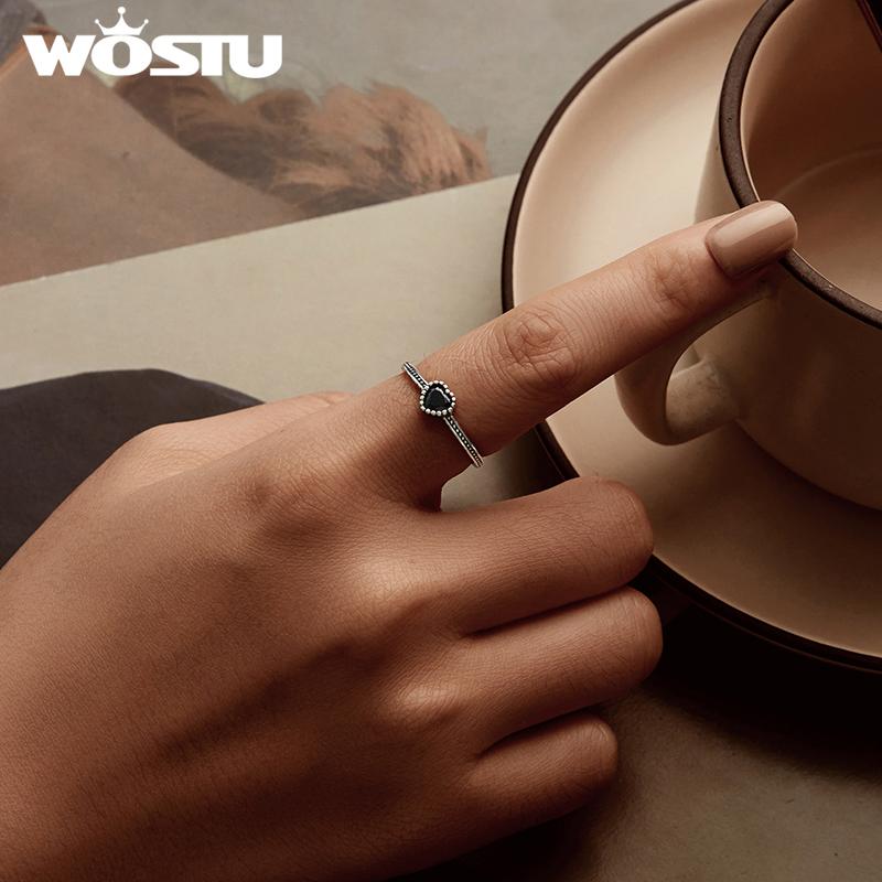 WOSTU 925 Sterling Silver Classical Heart Style Black Crystal CZ Rings For Women Retro Flower Pattern Hoop Earrings PartyGift