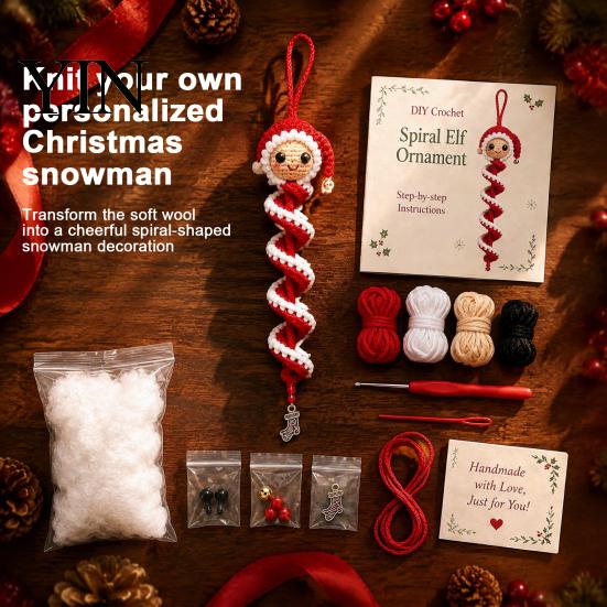 Crochet Gift for Her Doll Spiral Ornament DIY Kit, Holiday Craft Set with Soft Yarn, Beads, Christmas Tree Hanging Window Wall Cabinet Handmade