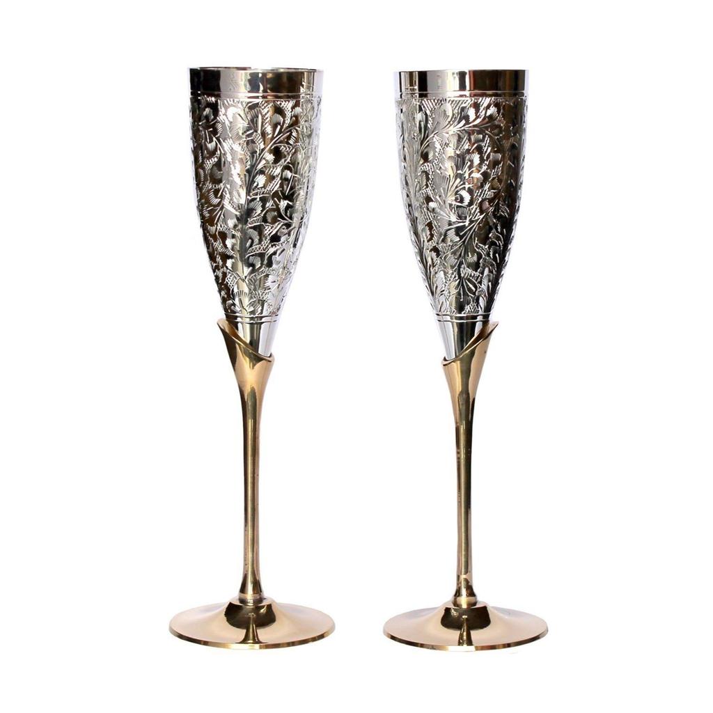 Engraved Brass Goblet Champagne Glasses Flutes Coupes Wine Glass Set (Slender)