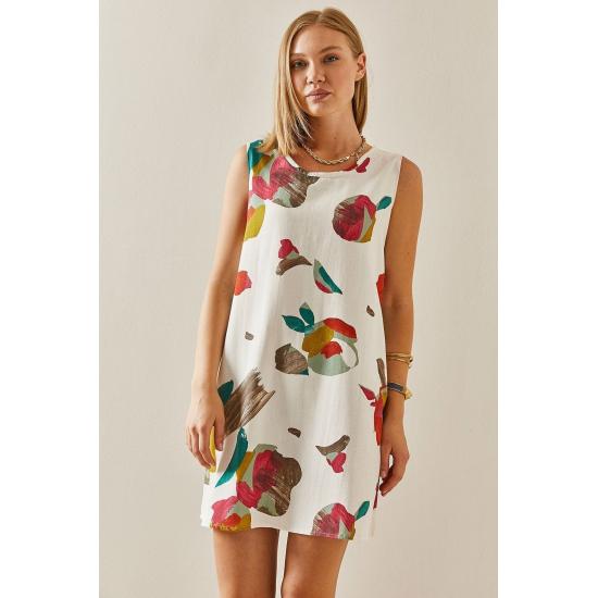 Летнее мини-льняное платье с каменным узором