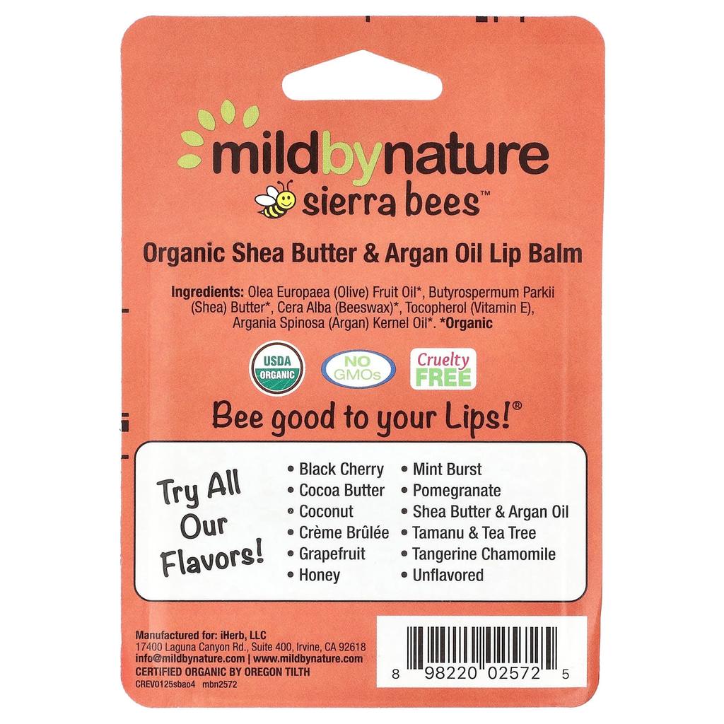 Mild By Nature Sierra Bees™, Органический бальзам для губ, Масло ши и аргановое масло, 4 шт., 4,25 г (0,15 унции) Каждый